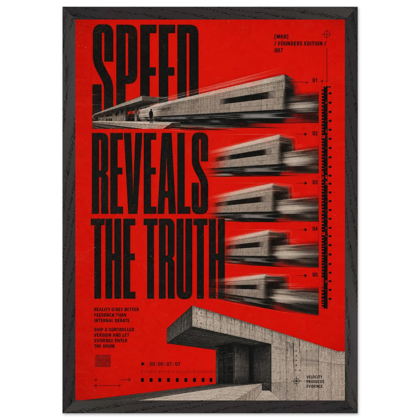 “Speed Reveals the Truth” — red framed brutalist fine art print with layered concrete architecture, variation 3