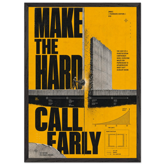 “Make the Hard Call Early” — yellow framed brutalist fine art print with a concrete tower, variation 1