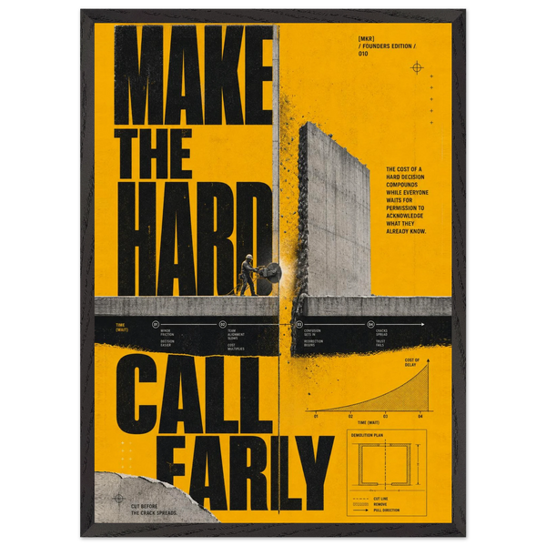 “Make the Hard Call Early” — yellow framed brutalist fine art print with a concrete tower, variation 1