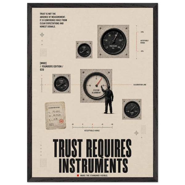 “Trust Requires Instruments” — framed brutalist fine art print with clocks and measurement graphics, variation 1