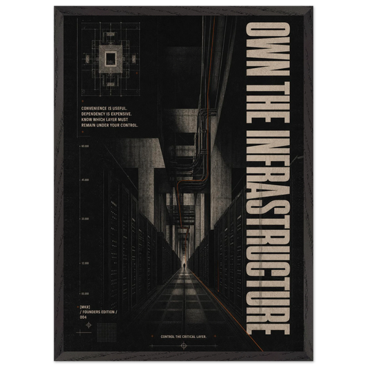 “Own the Infrastructure” — dark framed brutalist fine art print with an industrial corridor, variation 1