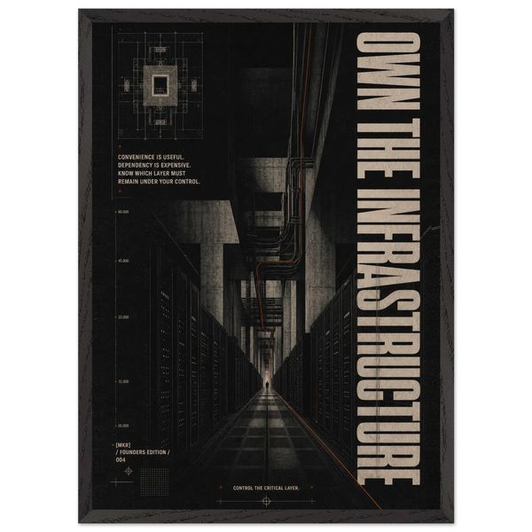 “Own the Infrastructure” — dark framed brutalist fine art print with an industrial corridor, variation 1