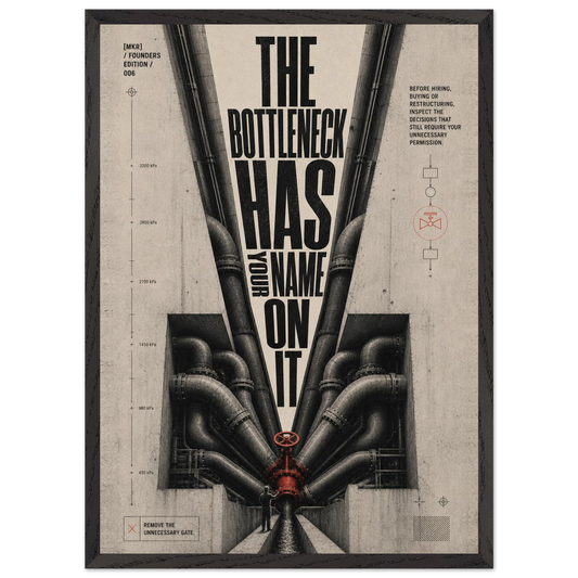 “The Bottleneck Has Your Name on It” — framed brutalist fine art print with a bottleneck pipe and red valve, variation 1