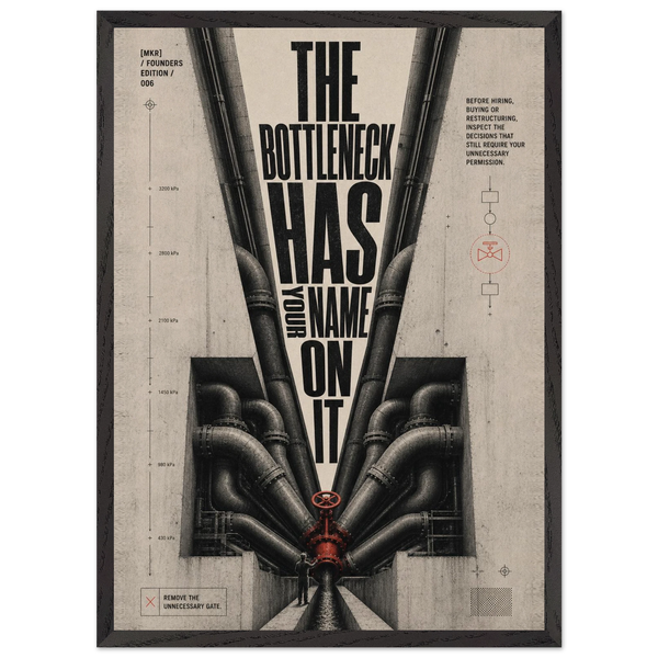 “The Bottleneck Has Your Name on It” — framed brutalist fine art print with a bottleneck pipe and red valve, variation 1