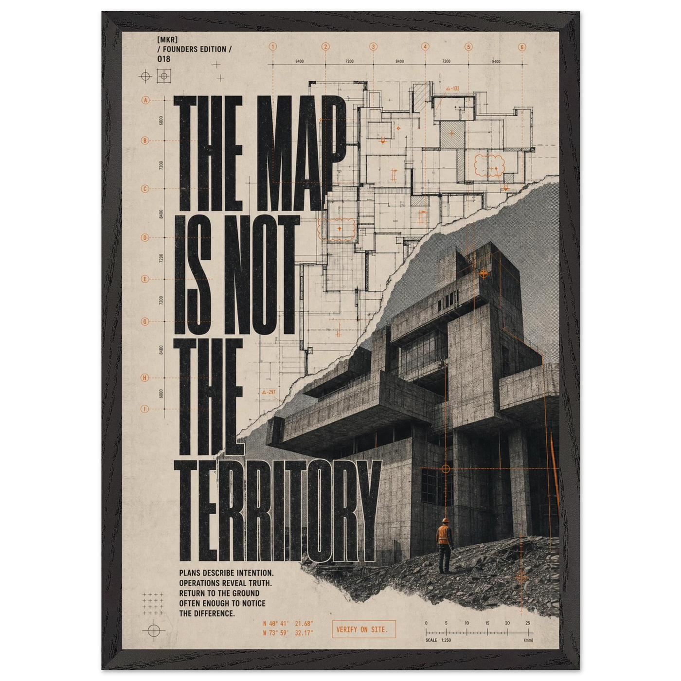 “The Map Is Not the Territory” — framed brutalist fine art print with map lines and concrete architecture, variation 3