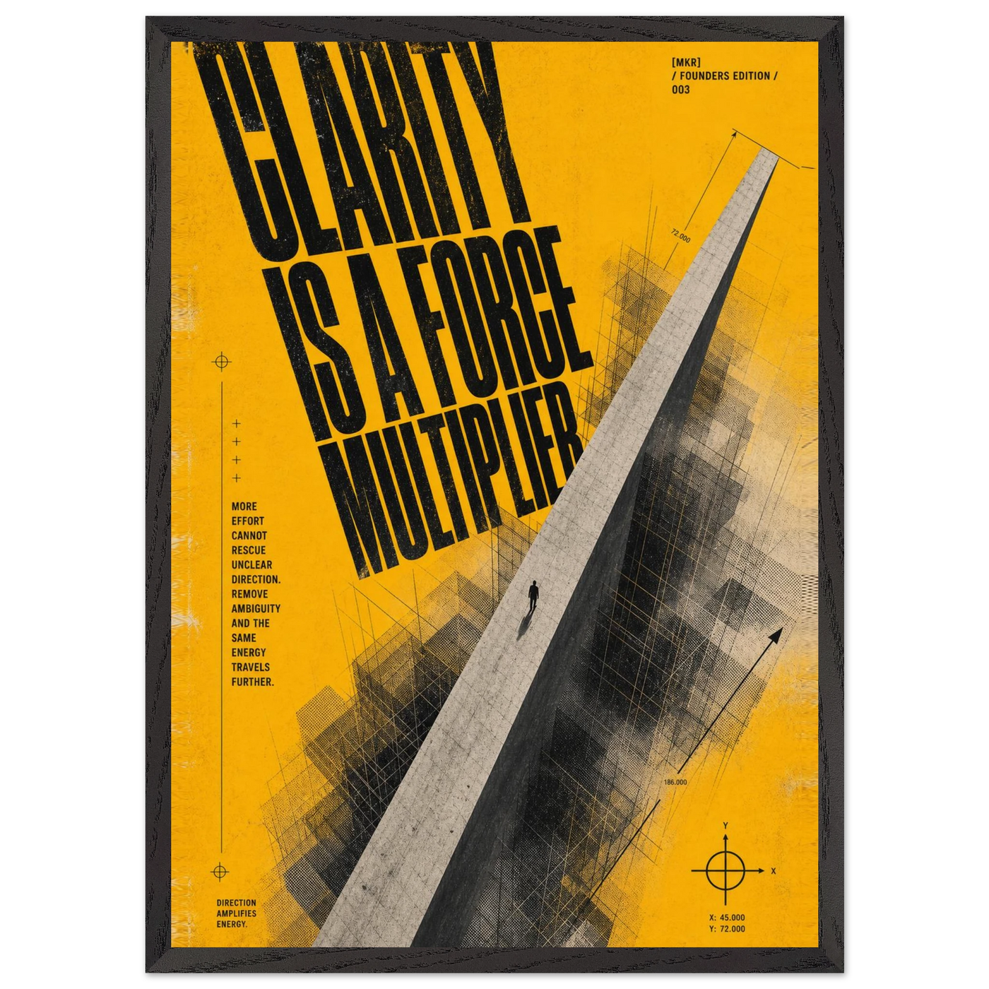 “Clarity Is a Force Multiplier” — yellow framed brutalist fine art print with an architectural monolith, variation 1