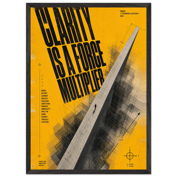 “Clarity Is a Force Multiplier” — yellow framed brutalist fine art print with an architectural monolith, variation 1