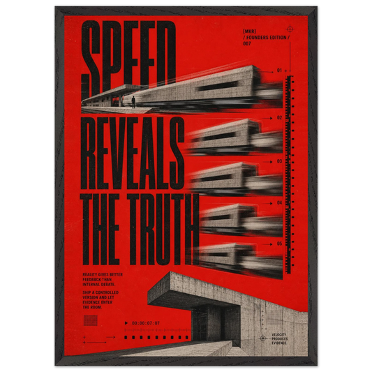 “Speed Reveals the Truth” — red framed brutalist fine art print with layered concrete architecture, variation 1