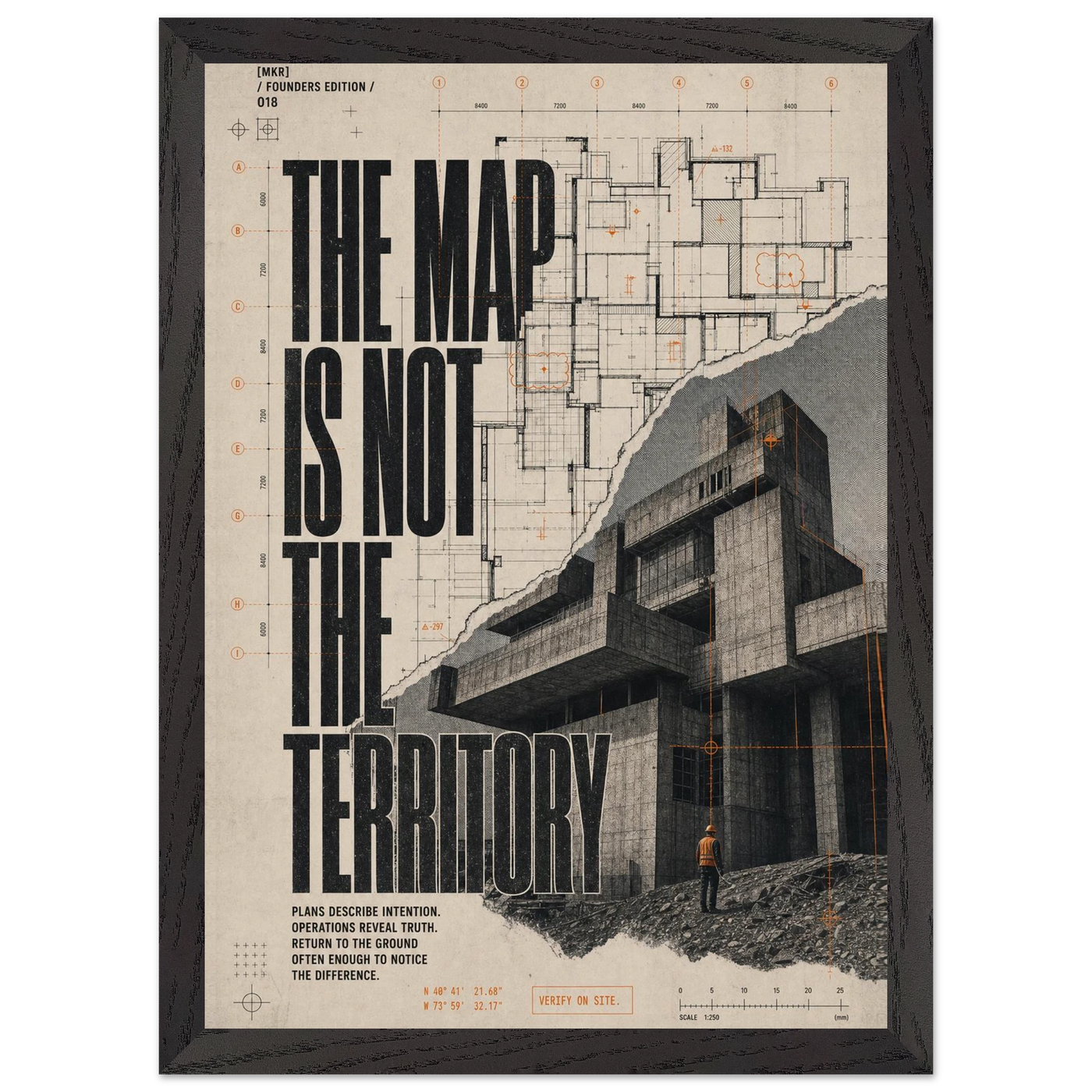 “The Map Is Not the Territory” — framed brutalist fine art print with map lines and concrete architecture, variation 2