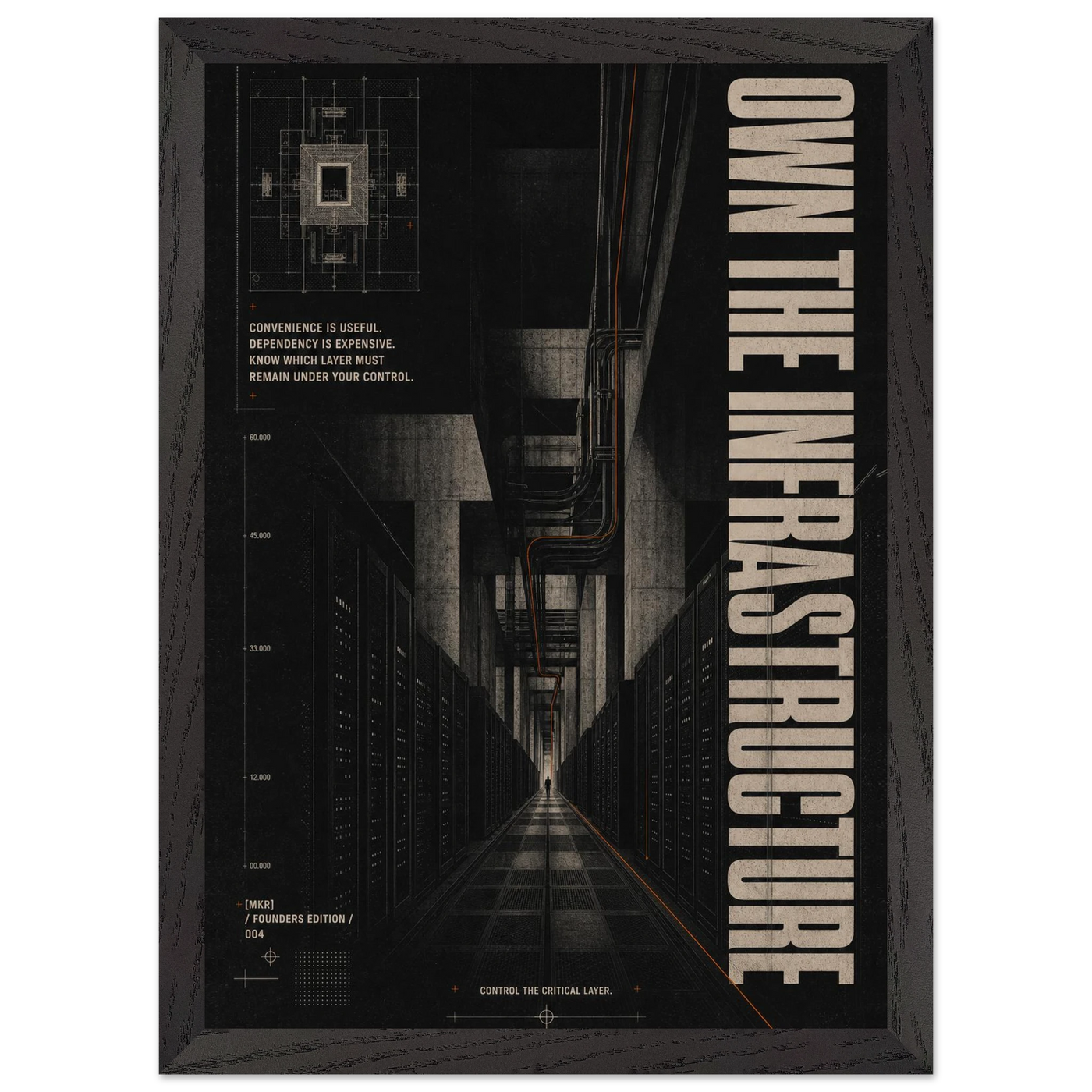 “Own the Infrastructure” — dark framed brutalist fine art print with an industrial corridor, variation 2