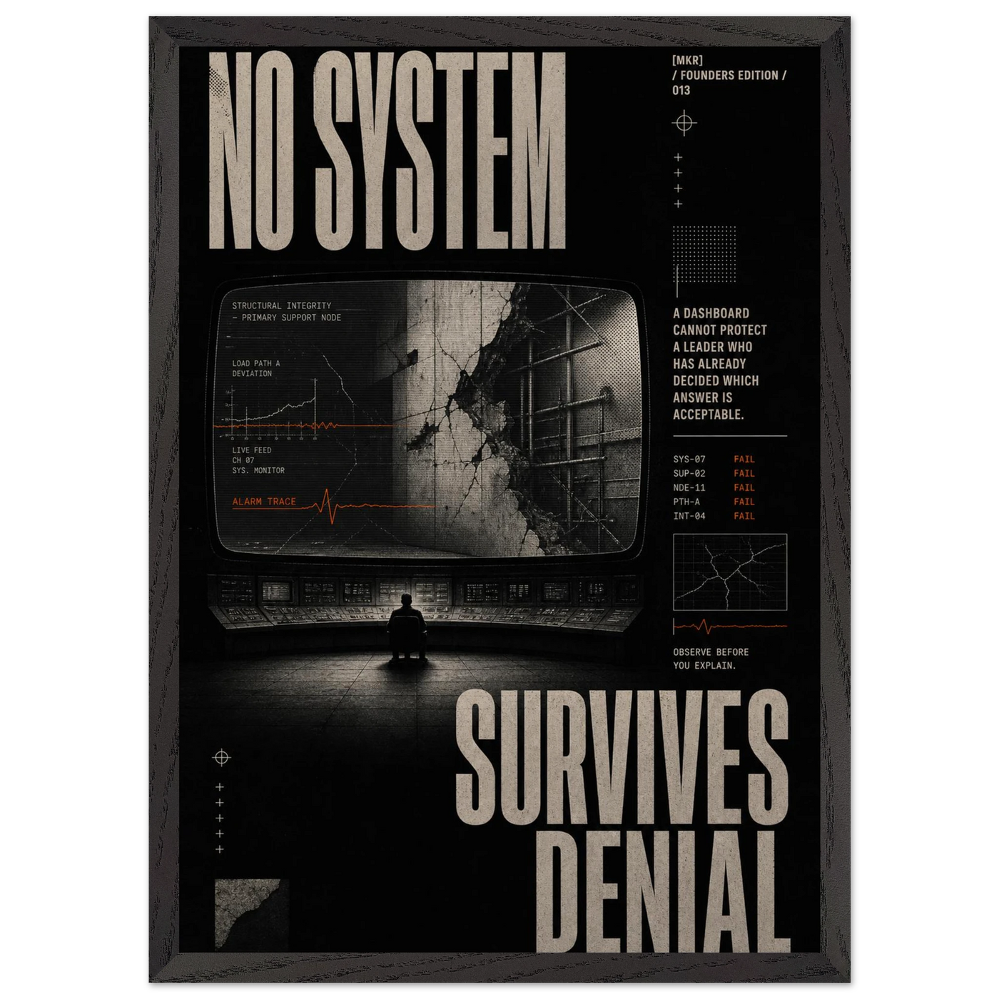 “No System Survives Denial” — dark framed brutalist fine art print with a reflected architectural scene, variation 3