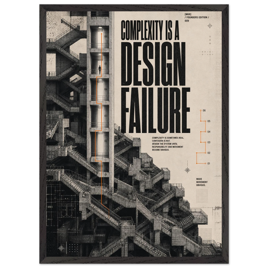 “Complexity Is a Design Failure” — framed brutalist fine art print with complex concrete architecture, variation 1