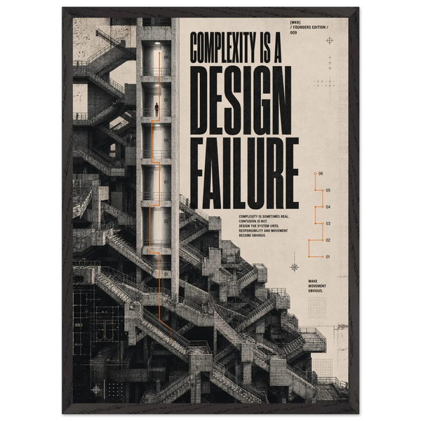 “Complexity Is a Design Failure” — framed brutalist fine art print with complex concrete architecture, variation 1