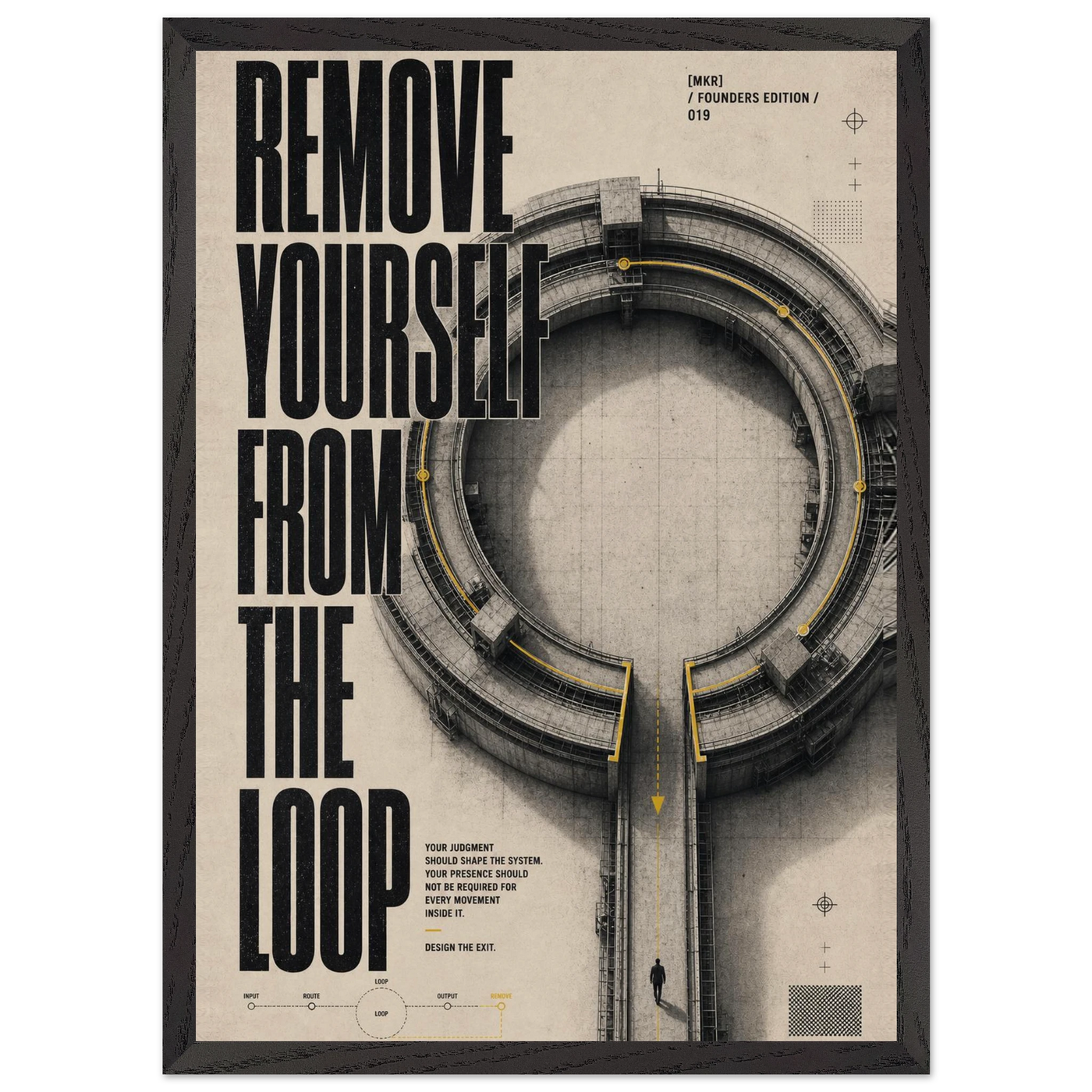 “Remove Yourself from the Loop” — framed brutalist fine art print with a circular system loop graphic, variation 3