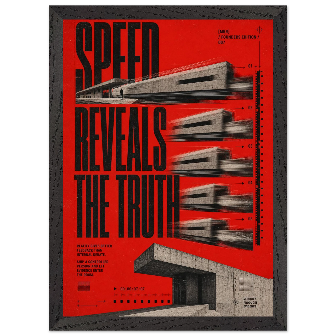 “Speed Reveals the Truth” — red framed brutalist fine art print with layered concrete architecture, variation 2