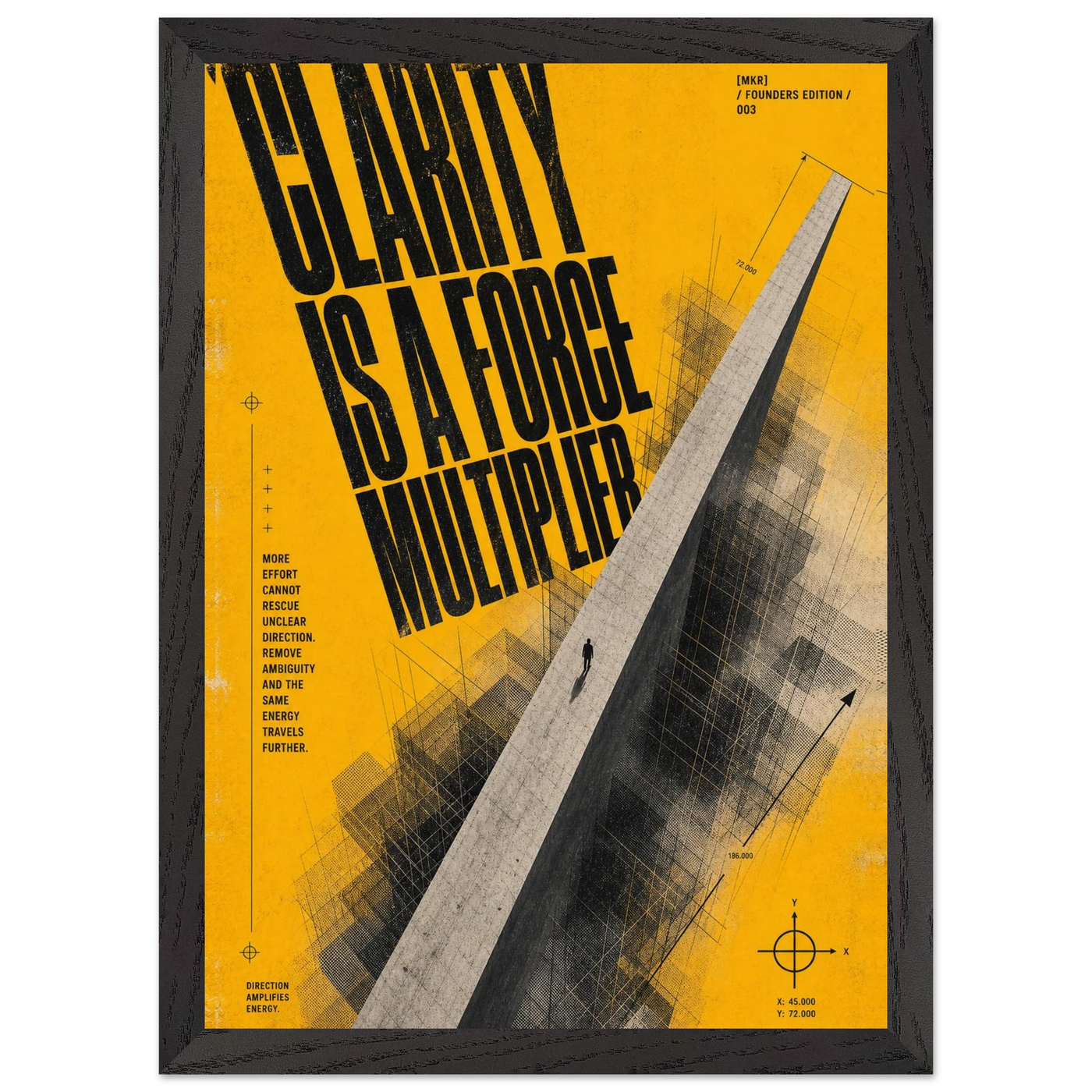 “Clarity Is a Force Multiplier” — yellow framed brutalist fine art print with an architectural monolith, variation 2
