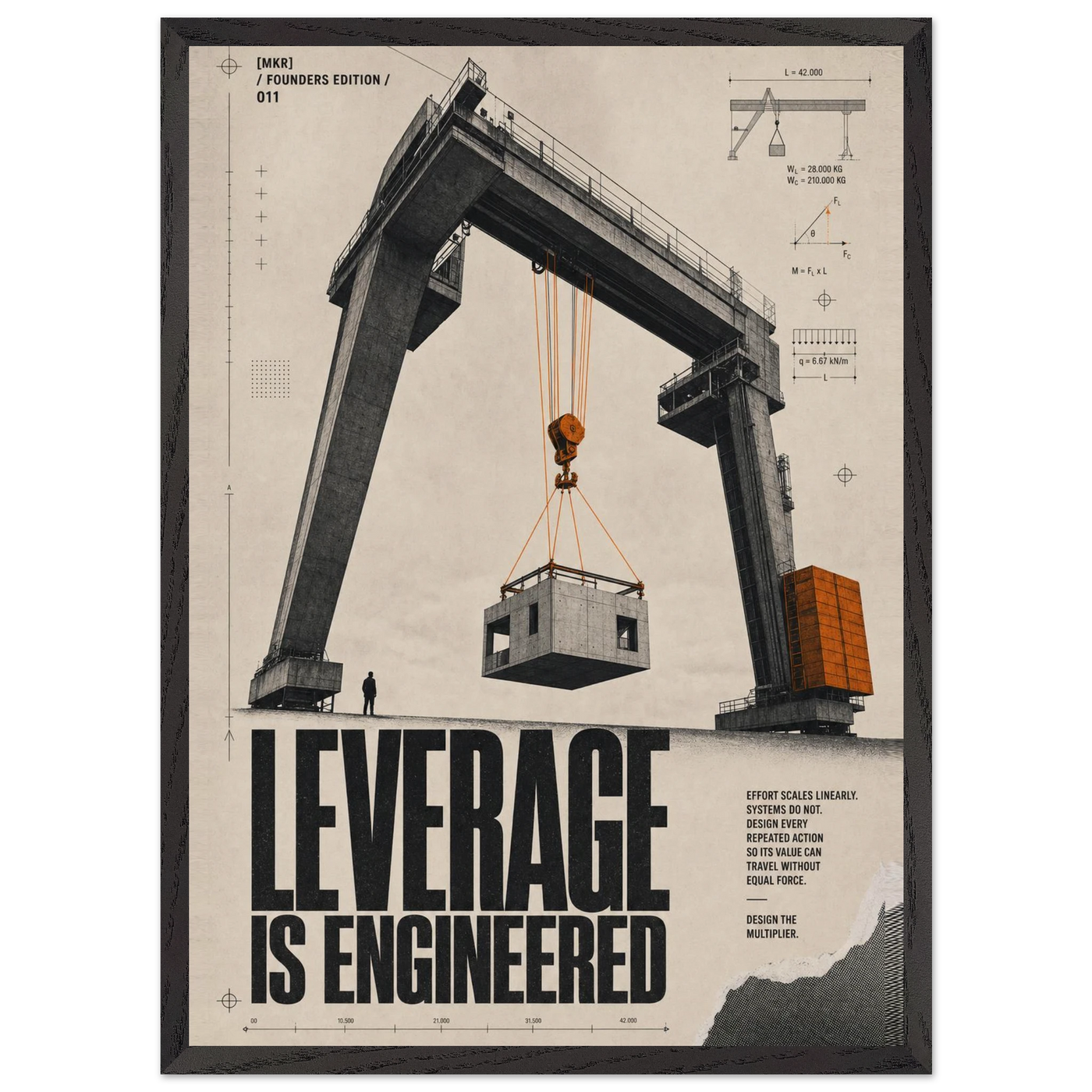 “Leverage Is Engineered” — framed brutalist fine art print with a gantry crane lifting a load, variation 1