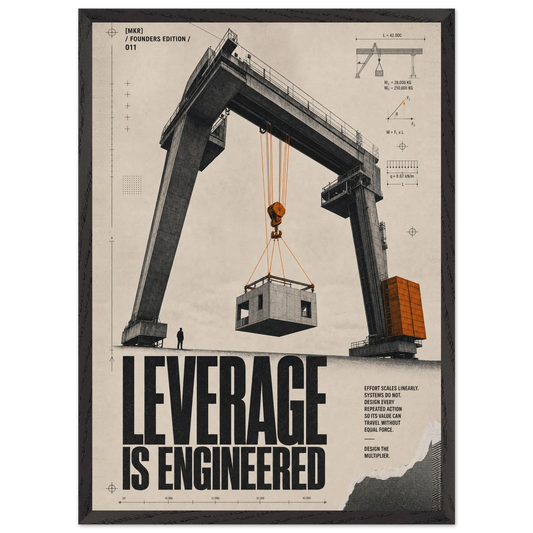 “Leverage Is Engineered” — framed brutalist fine art print with a gantry crane lifting a load, variation 1