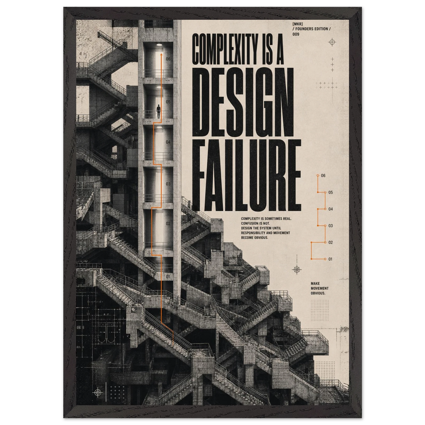 “Complexity Is a Design Failure” — framed brutalist fine art print with complex concrete architecture, variation 3