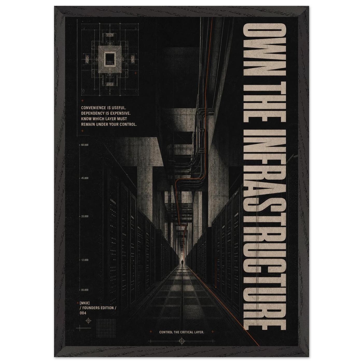 “Own the Infrastructure” — dark framed brutalist fine art print with an industrial corridor, variation 3