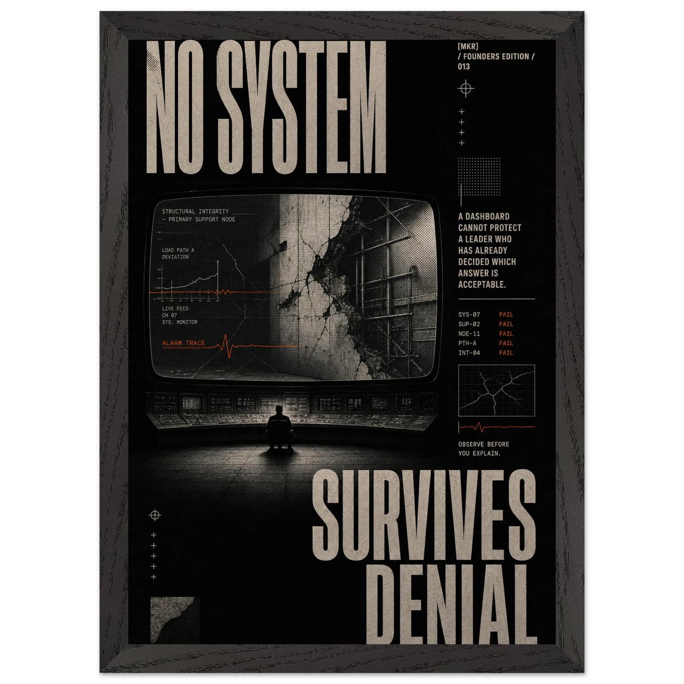 “No System Survives Denial” — dark framed brutalist fine art print with a reflected architectural scene, variation 2