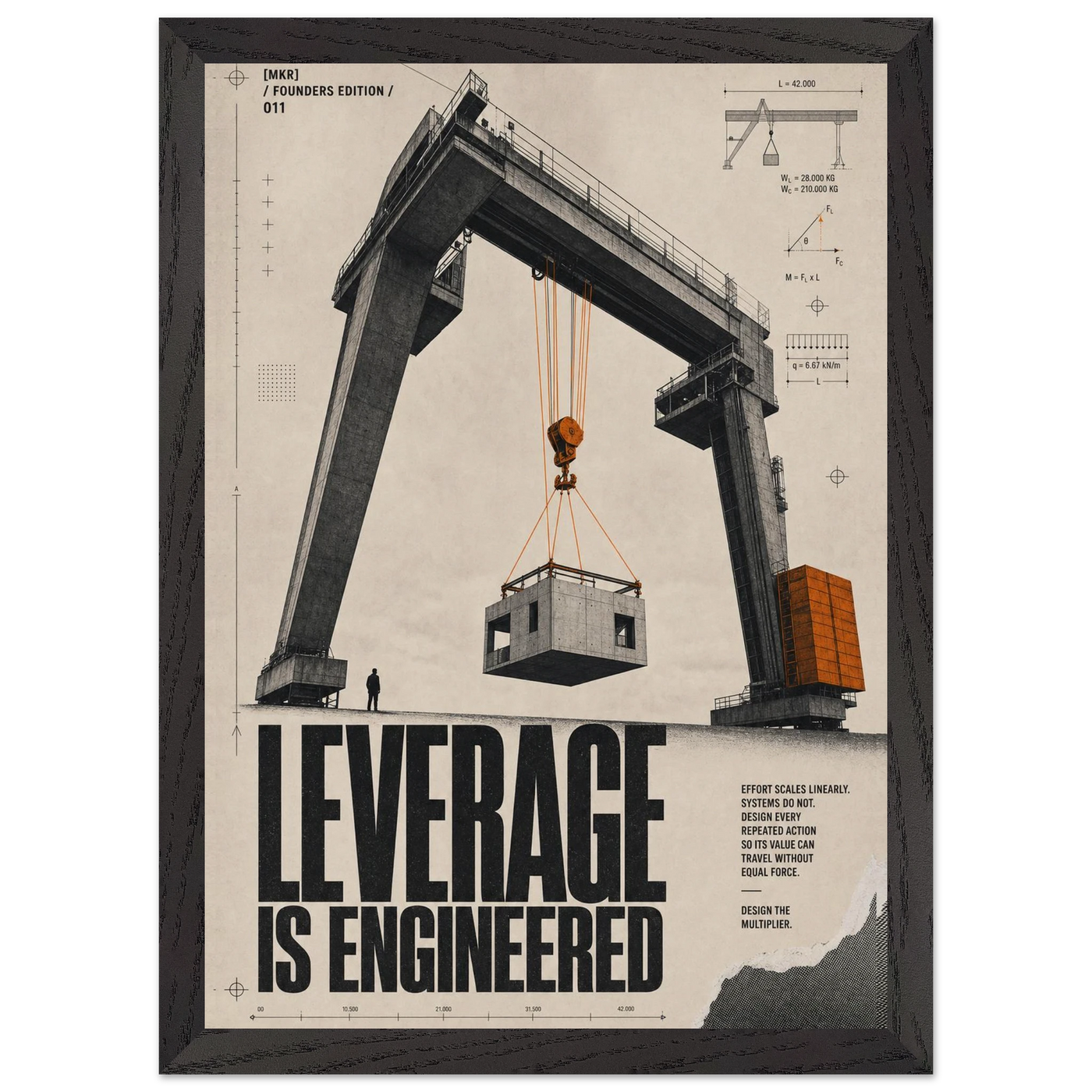 “Leverage Is Engineered” — framed brutalist fine art print with a gantry crane lifting a load, variation 2