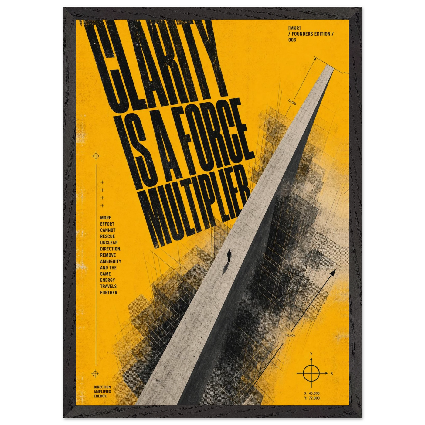 “Clarity Is a Force Multiplier” — yellow framed brutalist fine art print with an architectural monolith, variation 3