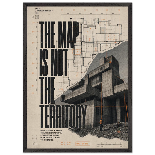 “The Map Is Not the Territory” — framed brutalist fine art print with map lines and concrete architecture, variation 1