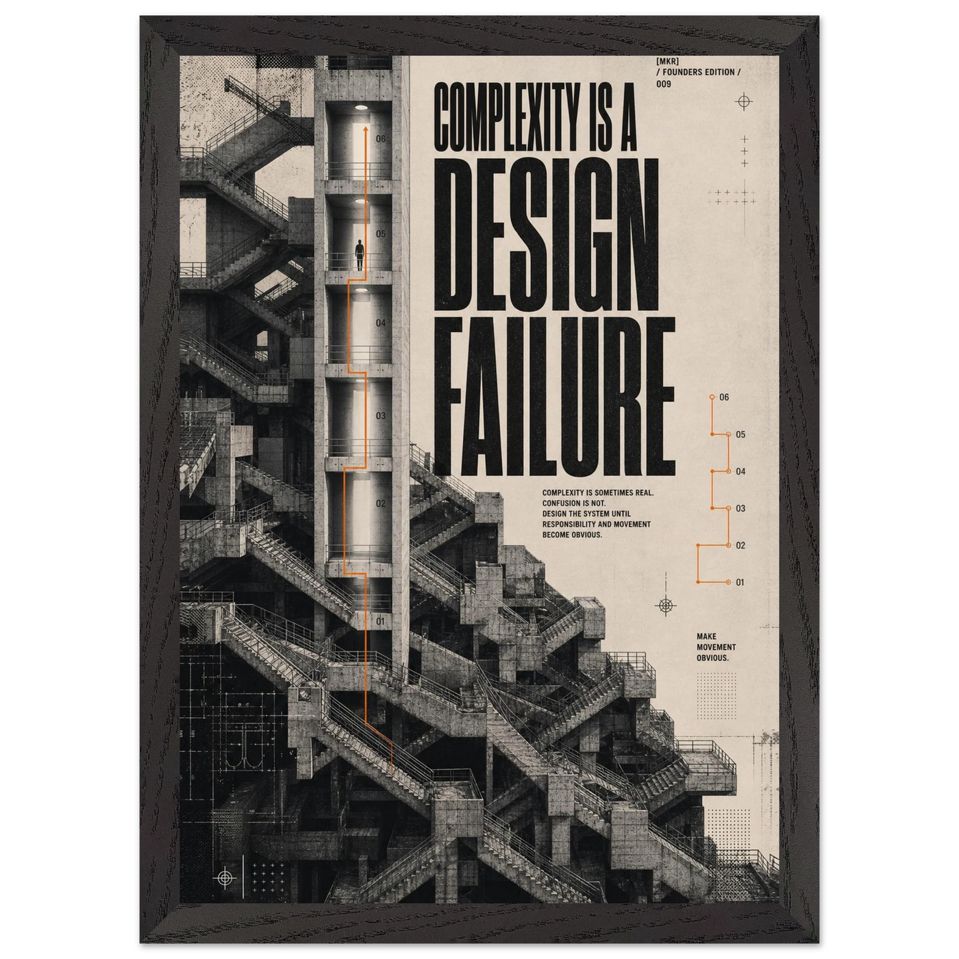 “Complexity Is a Design Failure” — framed brutalist fine art print with complex concrete architecture, variation 2