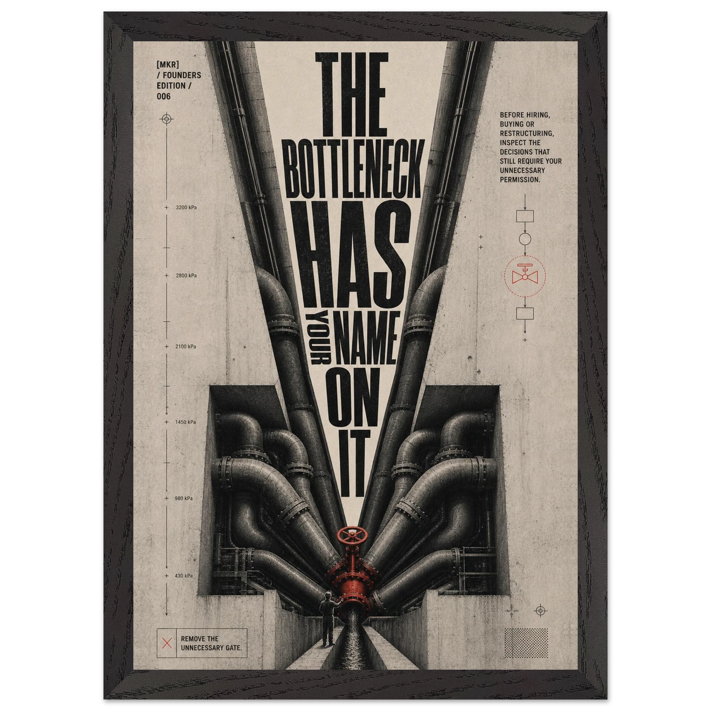 “The Bottleneck Has Your Name on It” — framed brutalist fine art print with a bottleneck pipe and red valve, variation 2