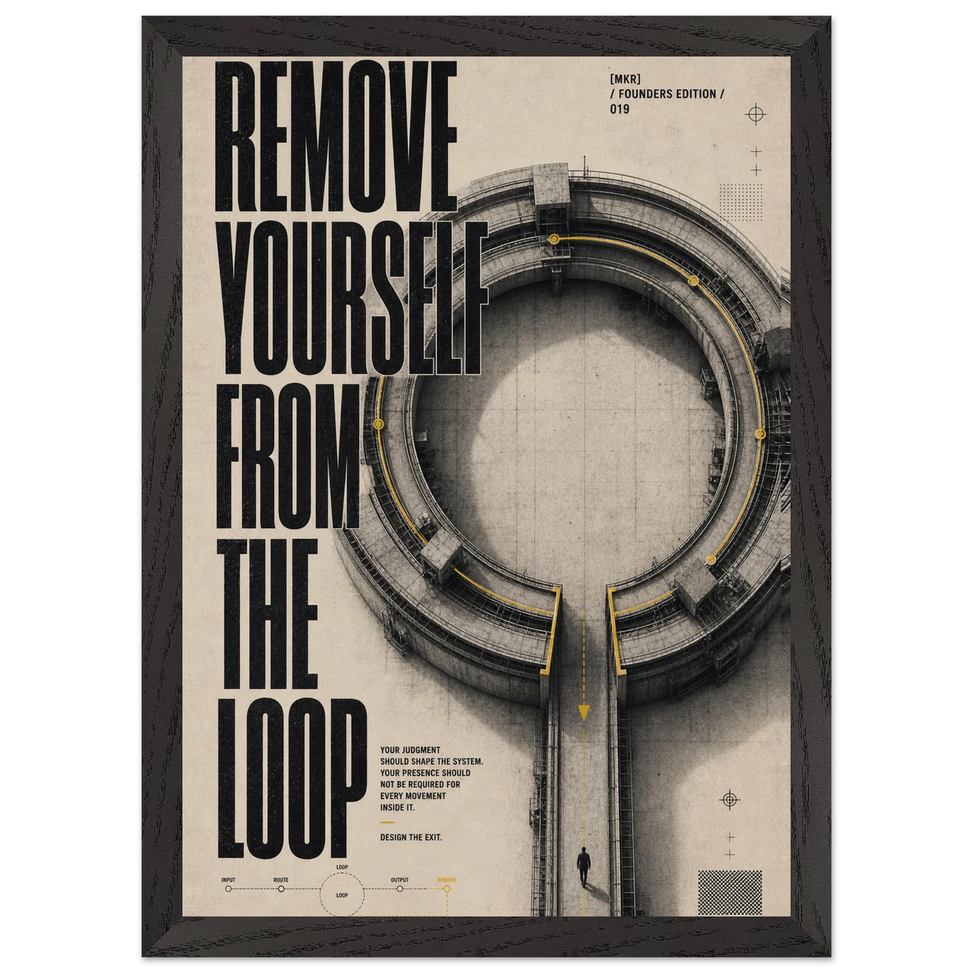 “Remove Yourself from the Loop” — framed brutalist fine art print with a circular system loop graphic, variation 2