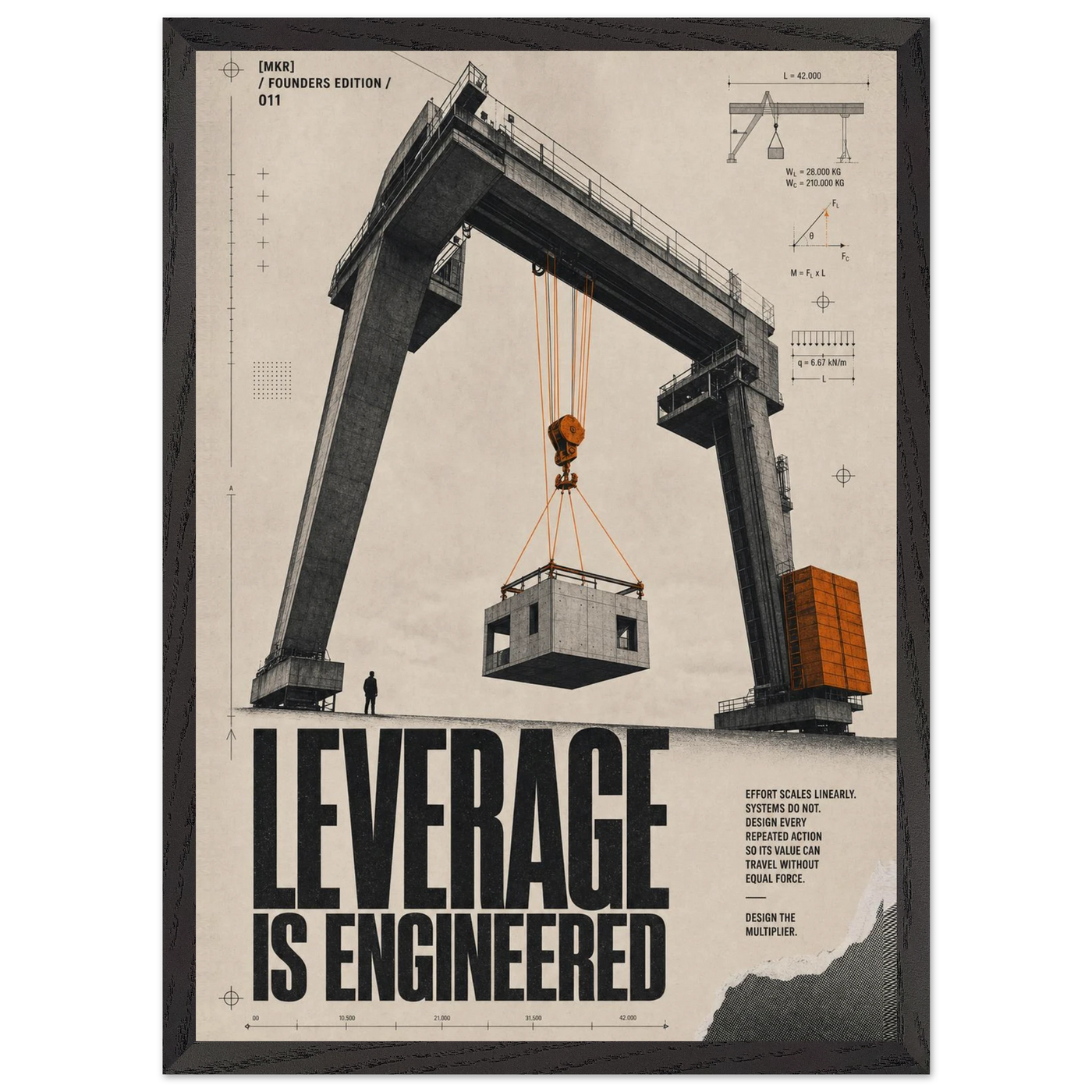 “Leverage Is Engineered” — framed brutalist fine art print with a gantry crane lifting a load, variation 3