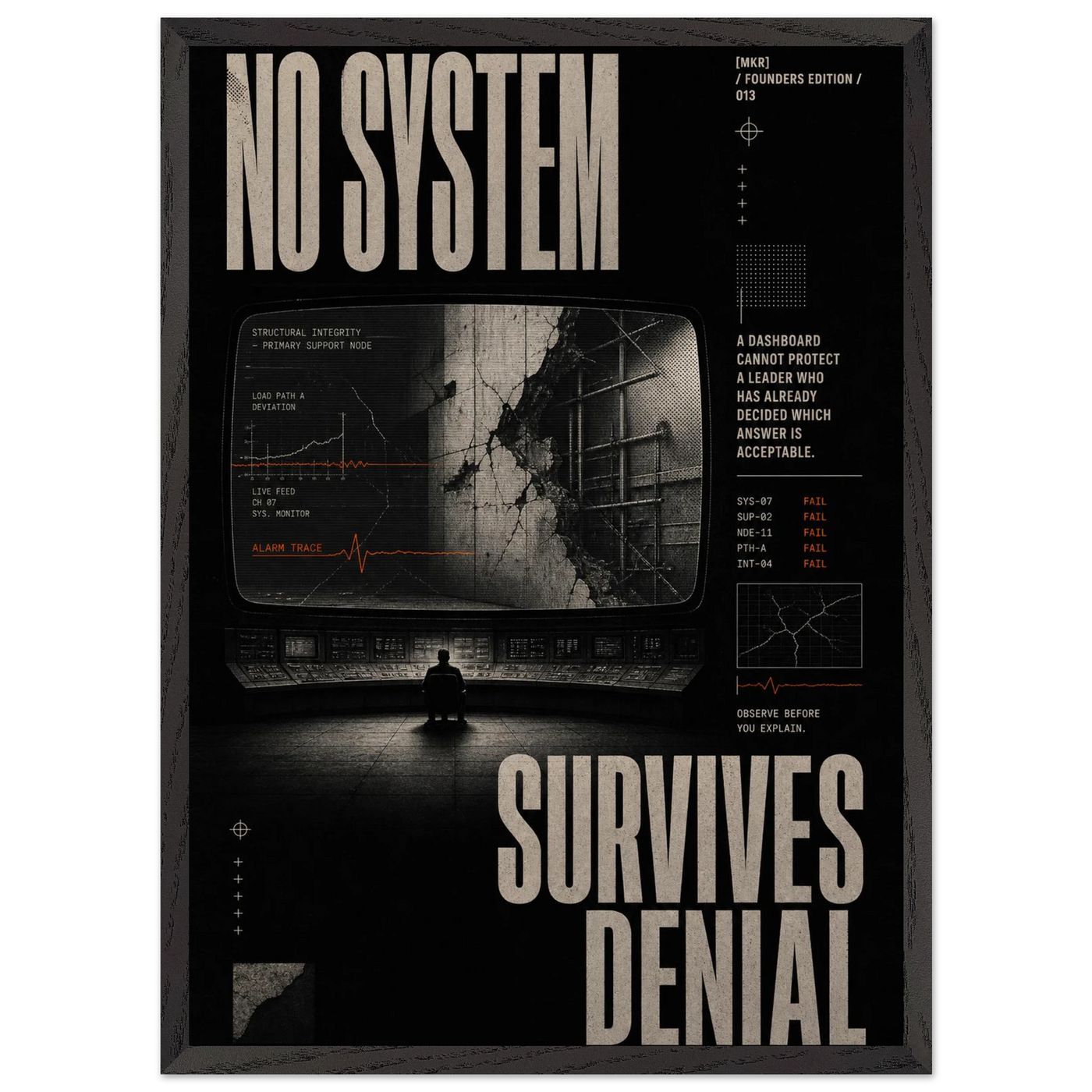 “No System Survives Denial” — dark framed brutalist fine art print with a reflected architectural scene, variation 1