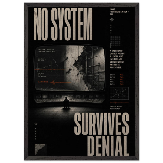 “No System Survives Denial” — dark framed brutalist fine art print with a reflected architectural scene, variation 1