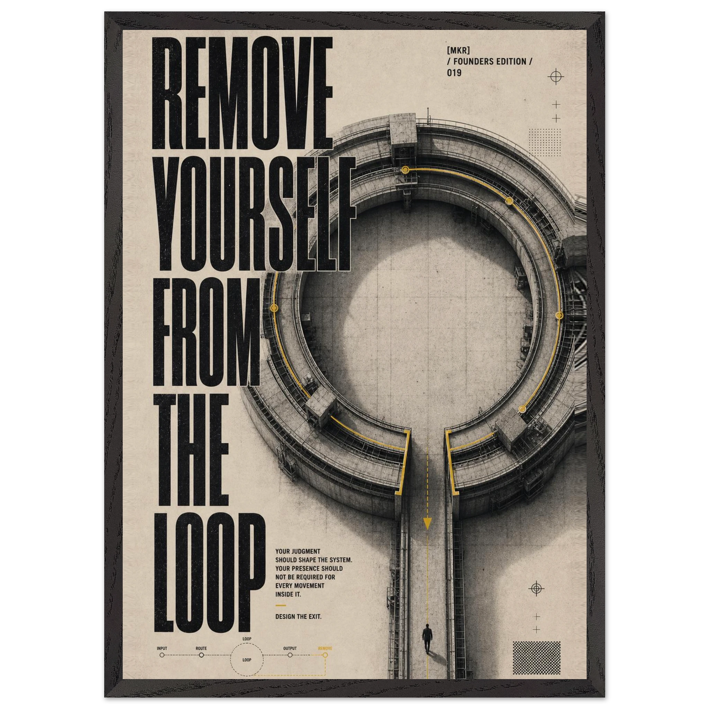 “Remove Yourself from the Loop” — framed brutalist fine art print with a circular system loop graphic, variation 1